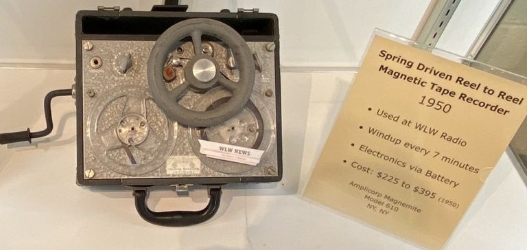 Hand cranked -spring wound reel-to-reel tape recorder..